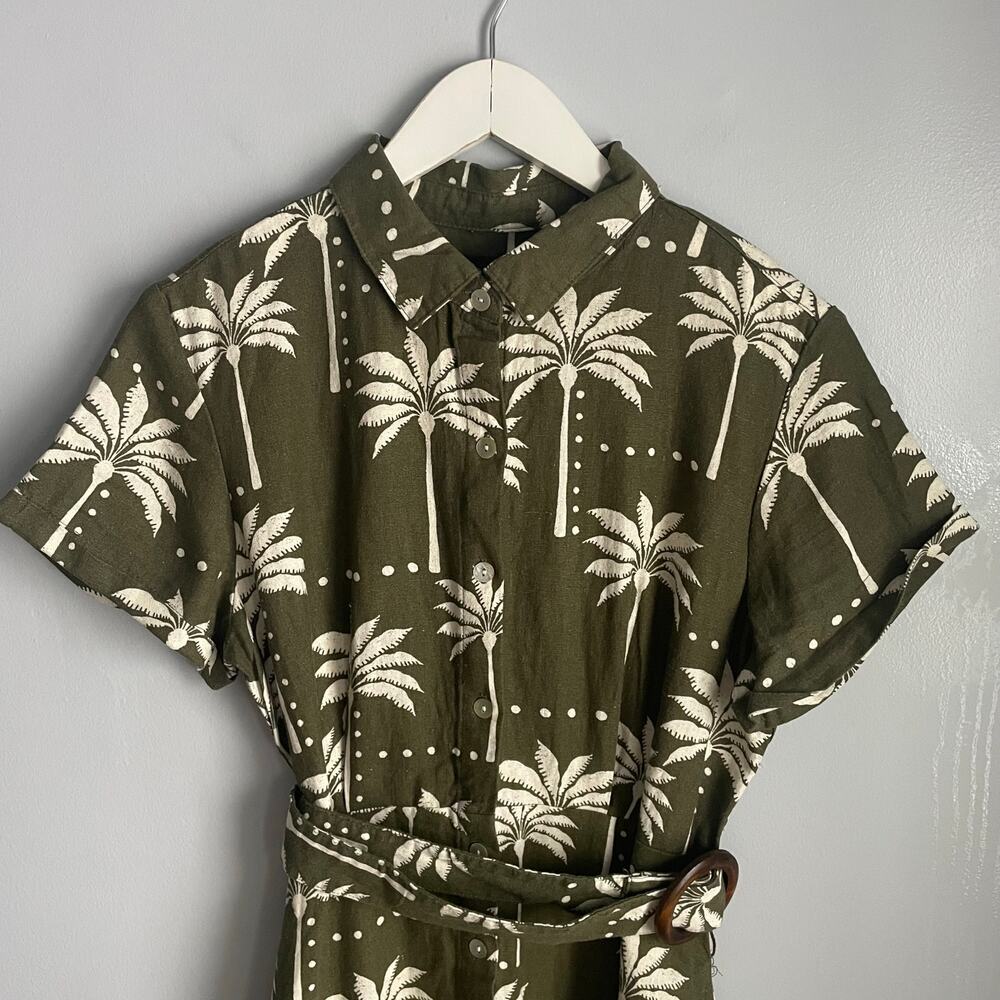 Tahari Linen Blend Dress Pockets Green Tropical Belted Vacation Resort Small - Picture 3 of 9